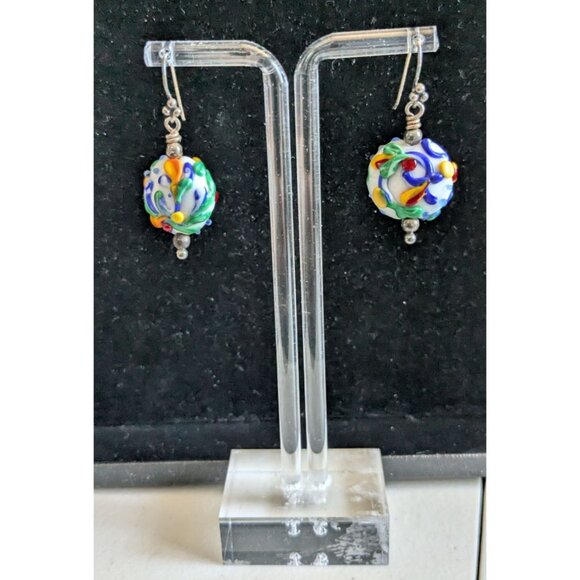 Hand Blown Glass Bead Earrings Colorful Swirls Sterling Silver Hooks - Picture 3 of 13